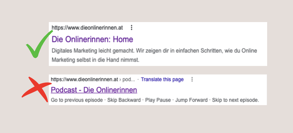 Screenshot von Google Snippet: gutes und schlechtes Beispiel