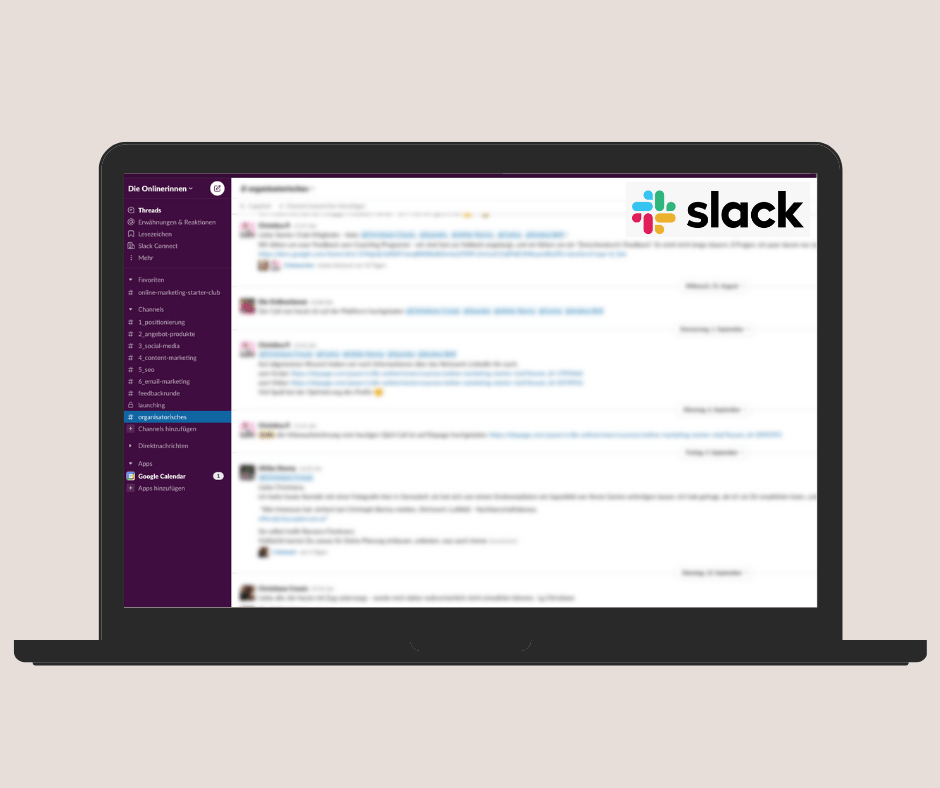 Bildschirm zeigt den Slack Kommunikationskanal und den Austausch unter den Teilnehmerinnen