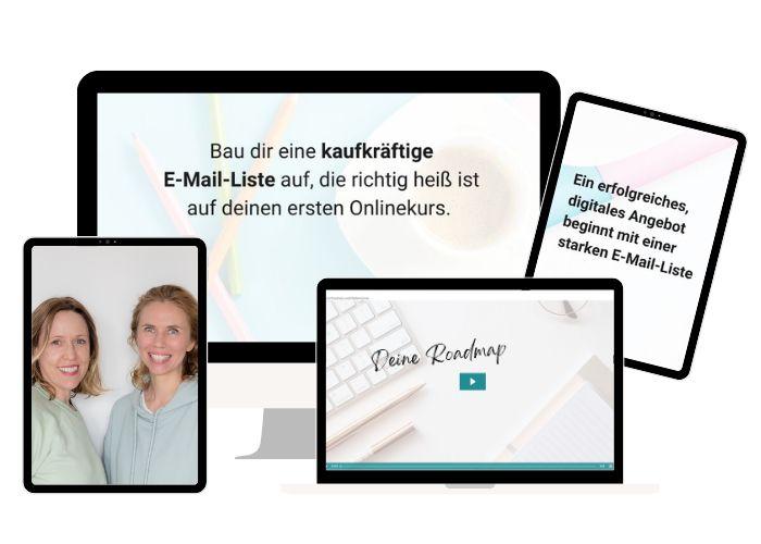 Mockup mit Bildschirm und Laptop und Texten zum E-Mail Kurs der Onlinerinnen