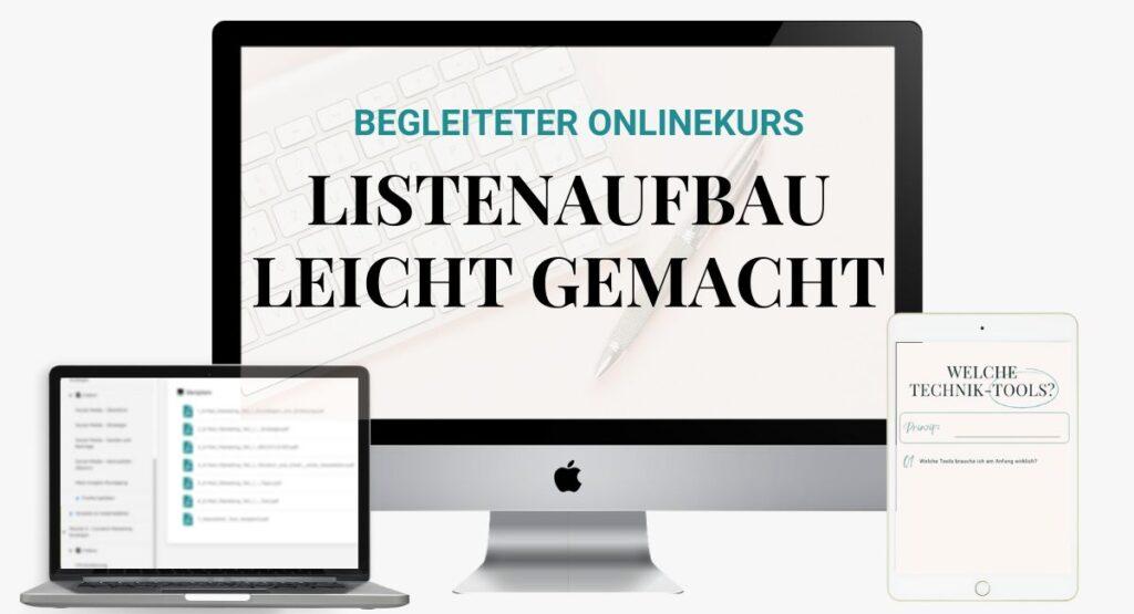 Mockup mit Bildschirm und Laptop der die Schrift "Listenaufbau leicht gemacht" zeigt als Einblick in den Onlinekurs